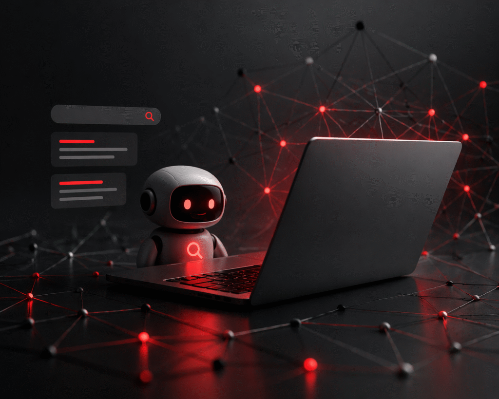 AI and SEO concept with bot, laptop and connected network nodes